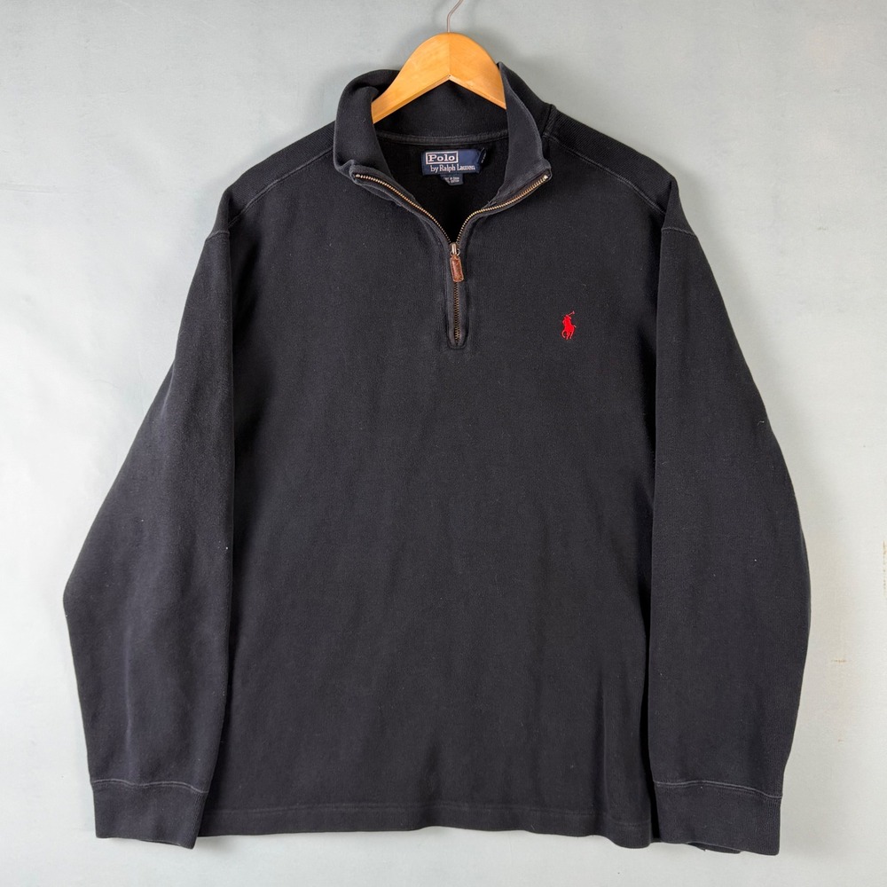 Vintage Y2K Polo Ralph Lauren Men's XL Navy Blue Quarter Zip Sweater Red Pony